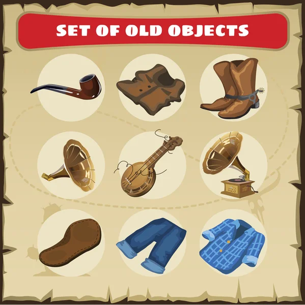 Conjunto de objetos antigos: colete, botas e outros — Vetor de Stock