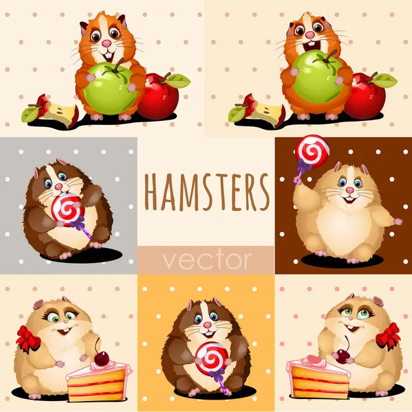 Happy hamsters with apple, cake and candy — Stock Vector