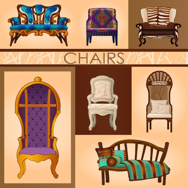 Zbiór siedmiu krzesła w stylu retro i nowoczesne — Wektor stockowy