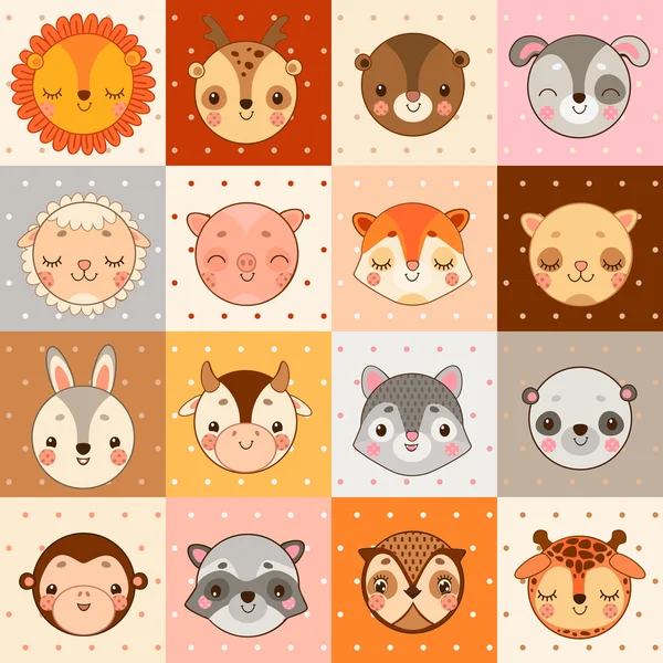 Ensemble de 16 visages d'animaux : vache, singe et autres — Image vectorielle