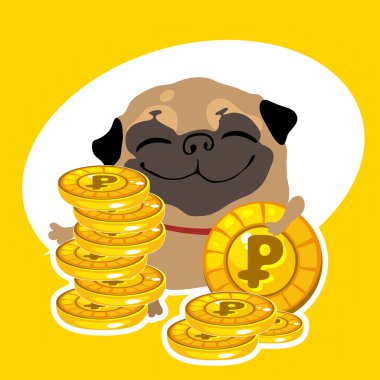 Rich dog pug with gold coins clipart