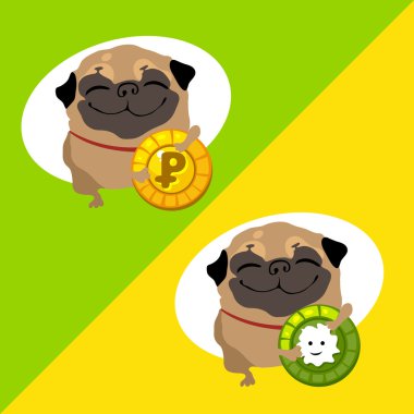 Tow happy dog pug with coins clipart