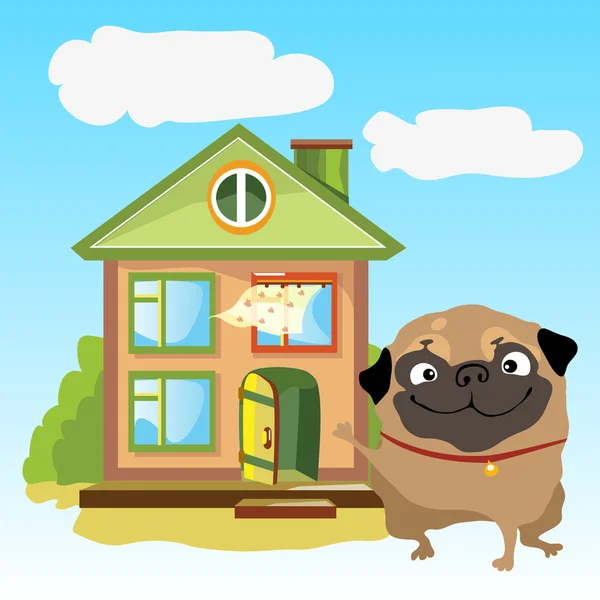 Accueil à la maison avec chien sur un paysage — Image vectorielle