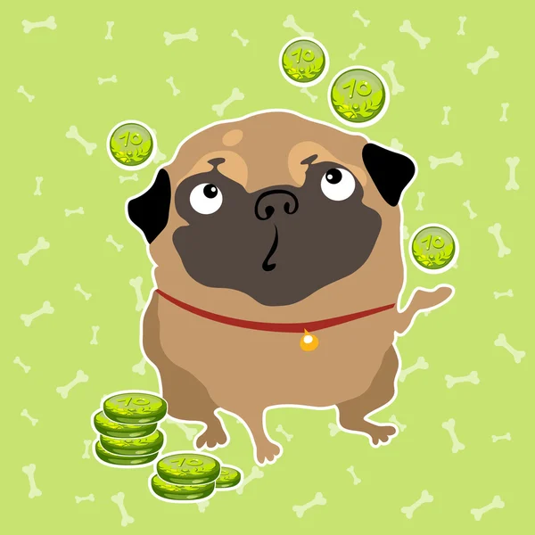 Pug dog finds the money, background with bones — Stock Vector