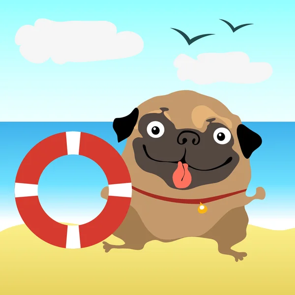 Pug de perro en la playa — Vector de stock