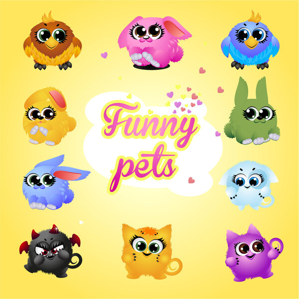 Funny pets icon set on a yellow background