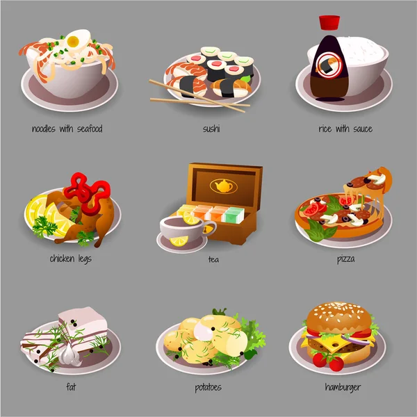 Великий набір їжі, дев'ять іконок смачних страв — стоковий вектор