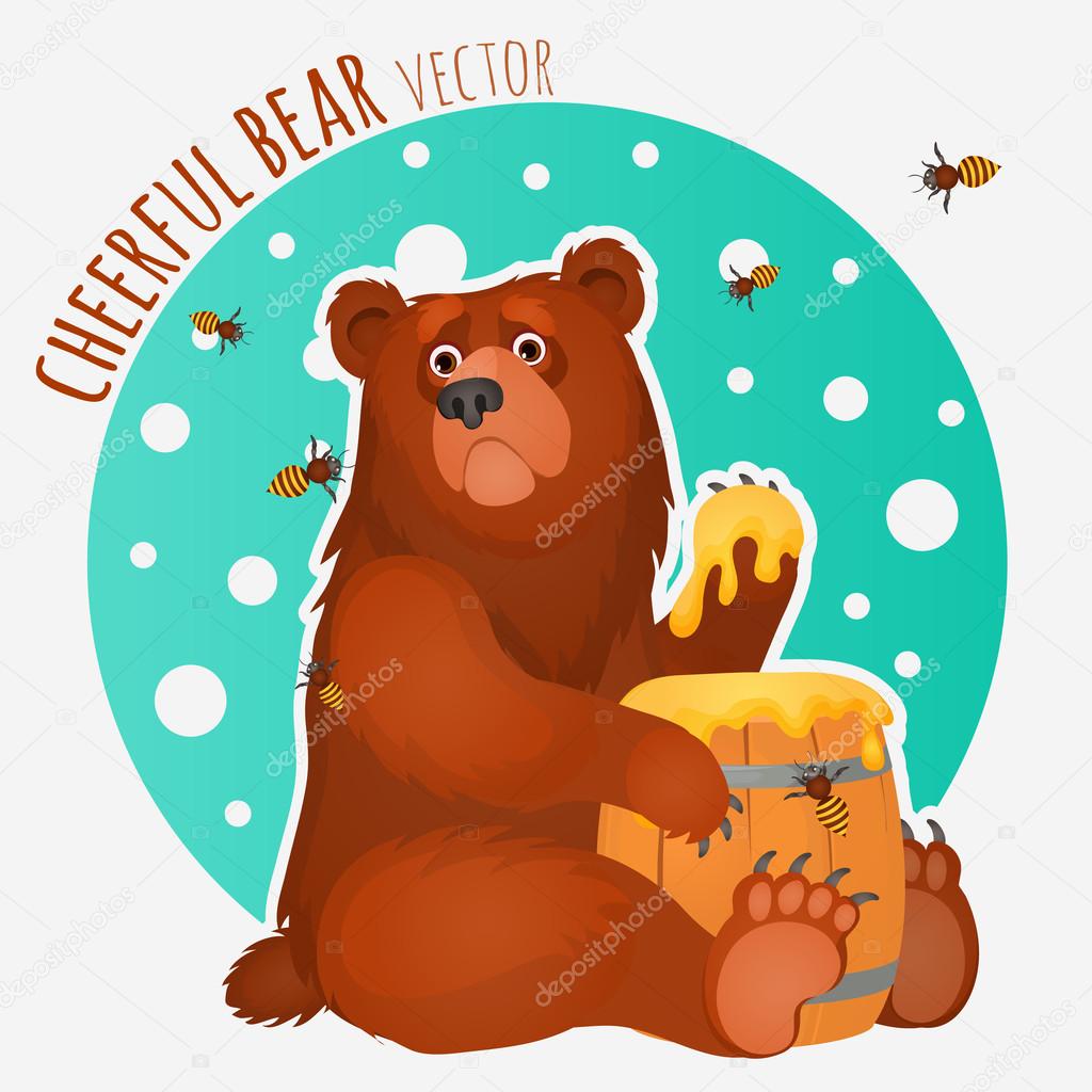 Веселый медведь с пчелами и медом векторное изображение ©Anton_Lunkov