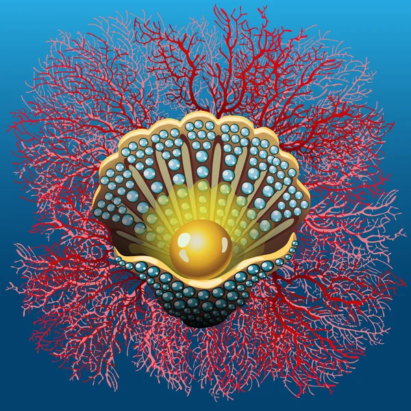 Жемчужная мидия и коралл на синей спинке — стоковый вектор