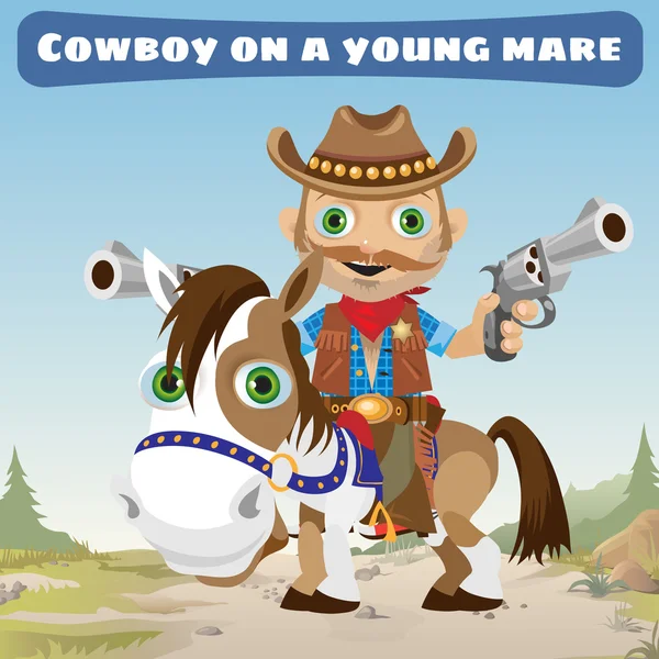 Cowboy jinete en un joven Bay Mare — Vector de stock