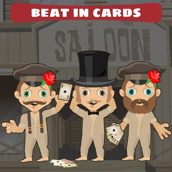Tres vaqueros en el salón jugando a las cartas — Vector de stock