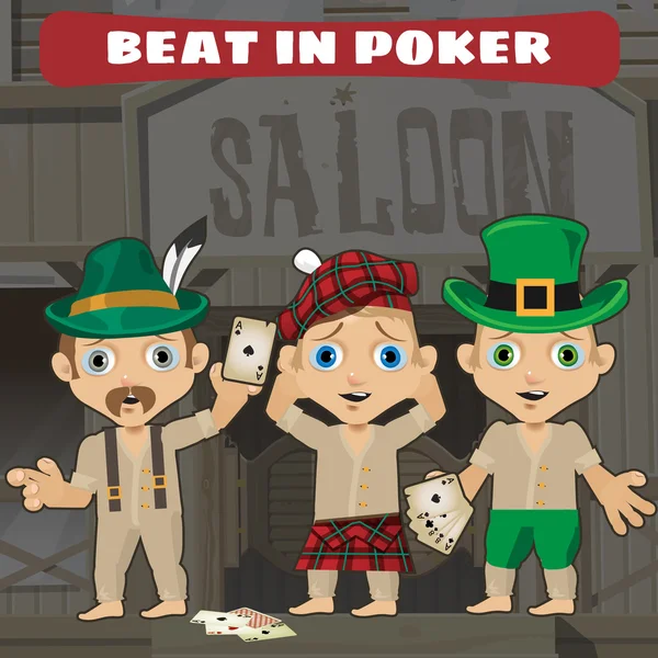 Tre cowboy battuti nel poker nel saloon — Vettoriale Stock