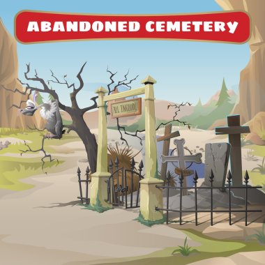 Vulture and an abandoned cemetery clipart