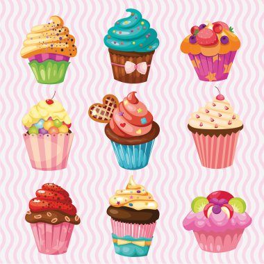 Set of Cakes, nine different cakes on a llight background clipart