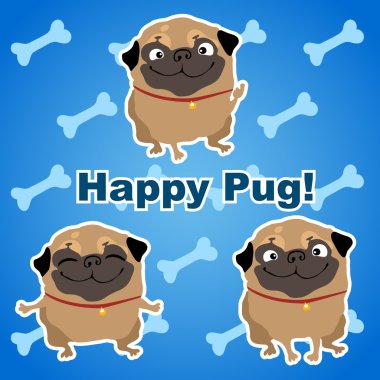 Kemikler ile mavi bir arka plan üzerinde üç mutlu köpek