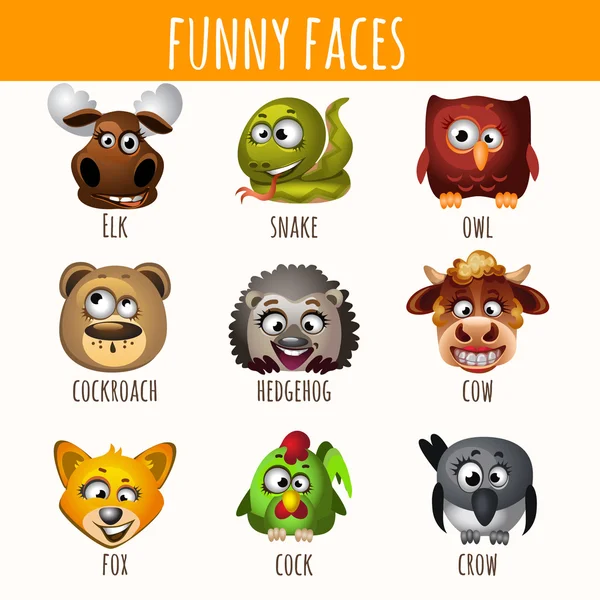 Az állatok vicces arcok — Stock Vector