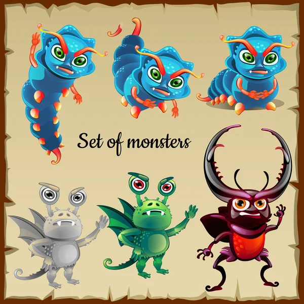 Ensemble de six insectes menaçants, monstres mignons — Image vectorielle