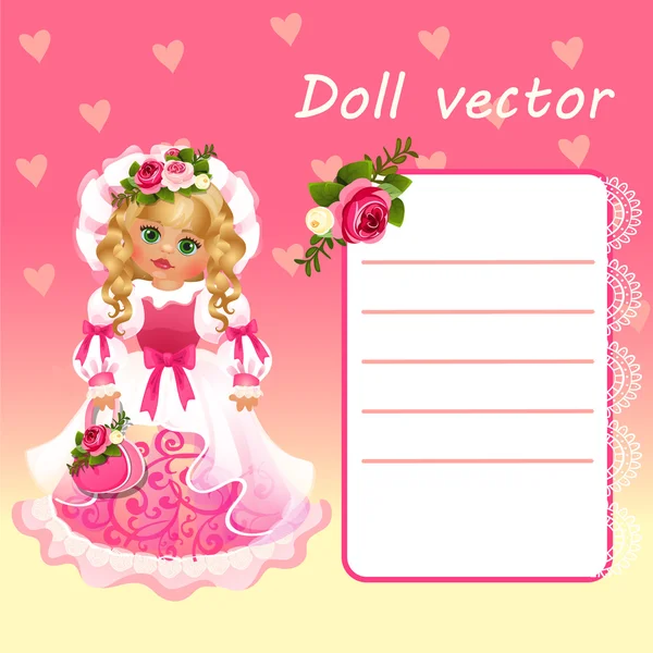 Süße Puppe Prinzessin im rosa Kleid mit Karte — Stockvektor