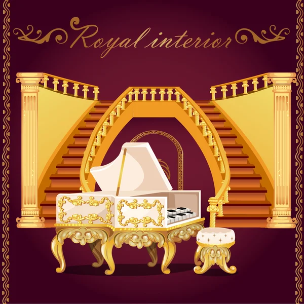 Piano dorado y gran escalera con columnas — Vector de stock