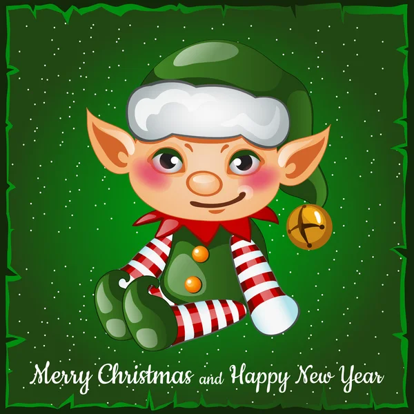 Cute and happy Christmas elf on a green background — Stock Vector