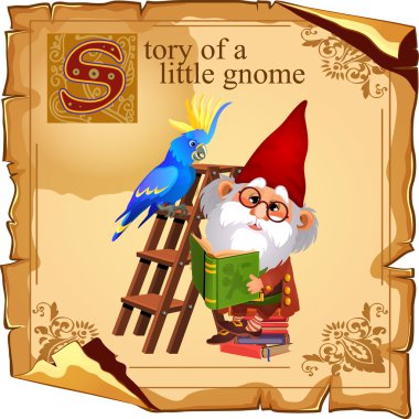 Cute gnome with parrot reading a book clipart