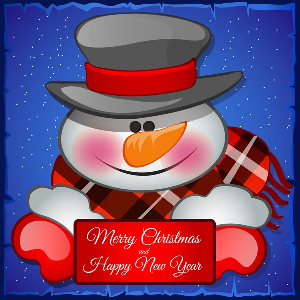 Cute snowman in hat closeup with card for your text — Stock Vector