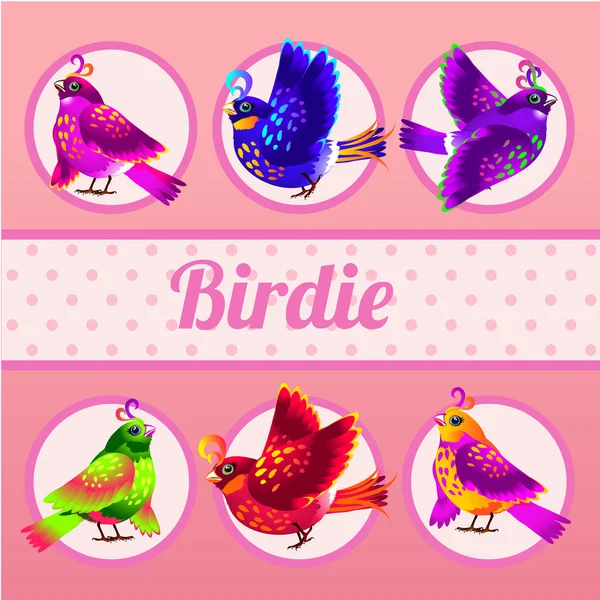 Pembe bir arka plan üzerinde altı renkli kuşlar kümesi — Stok Vektör