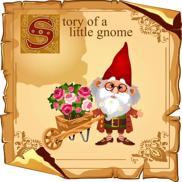 Wizard gnome kweker met bloem boeketten — Stockvector