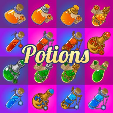 Big set of different magic bottles with potion