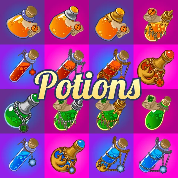 Grand ensemble de différentes bouteilles magiques avec potion — Image vectorielle