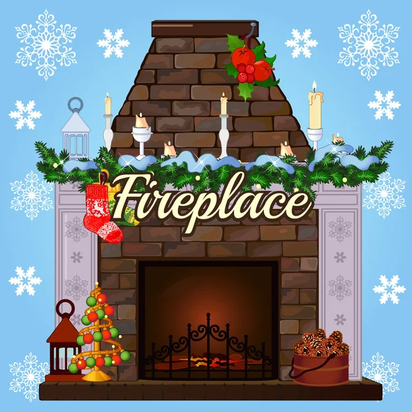 Fireplace with tree, gift socks and candles — Stock Vector