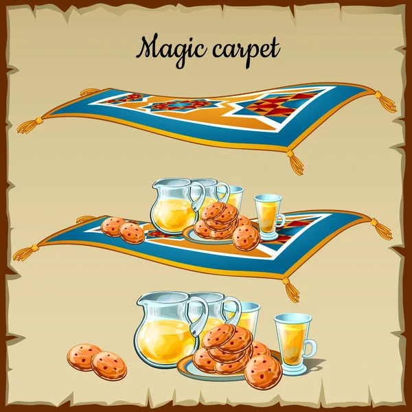 魔法のじゅうたん食品、羊皮紙の背景に 3 つのイメージ — ストックベクタ