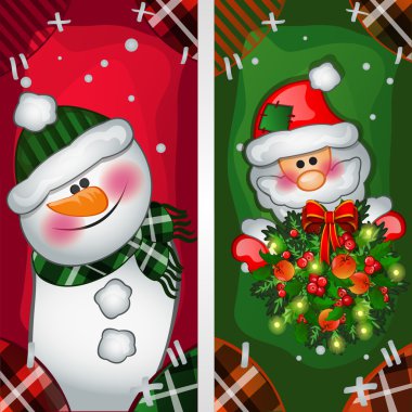 Snowman and Santa Claus image on the fabric, two vertical cards clipart