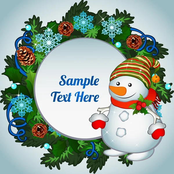 Hóember és a Karácsonyi koszorú adható szöveg — Stock Vector