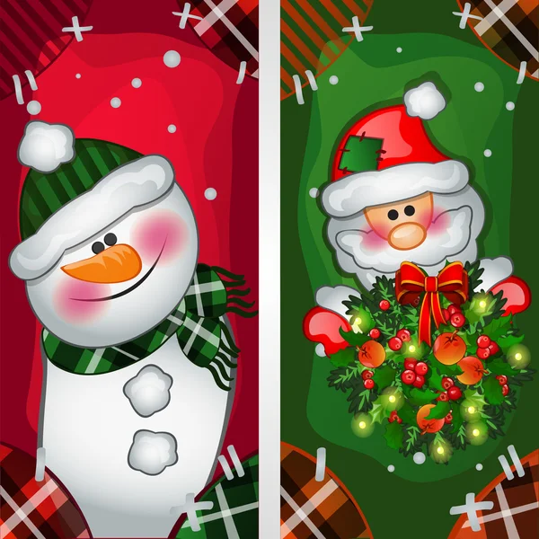 Snowman and Santa Claus image on the fabric, two vertical cards — Stock Vector