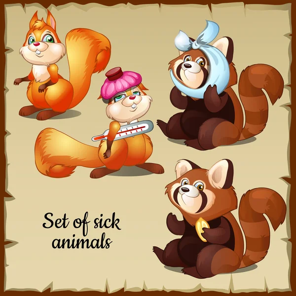 Sick and healthy squirrel and raccoon — Stock Vector