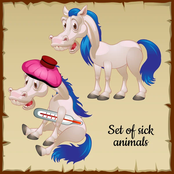 病気と健康的な白い馬、漫画面白い画像 — ストックベクタ