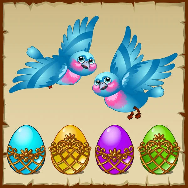 两个蓝鸟彩色把鸡蛋放在一个金色的立场 — 图库矢量图片