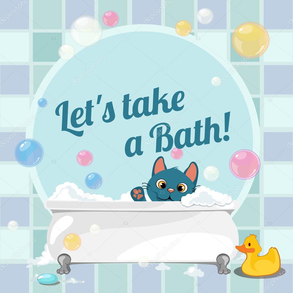 Cartoon illustration of a kitten taking a bath