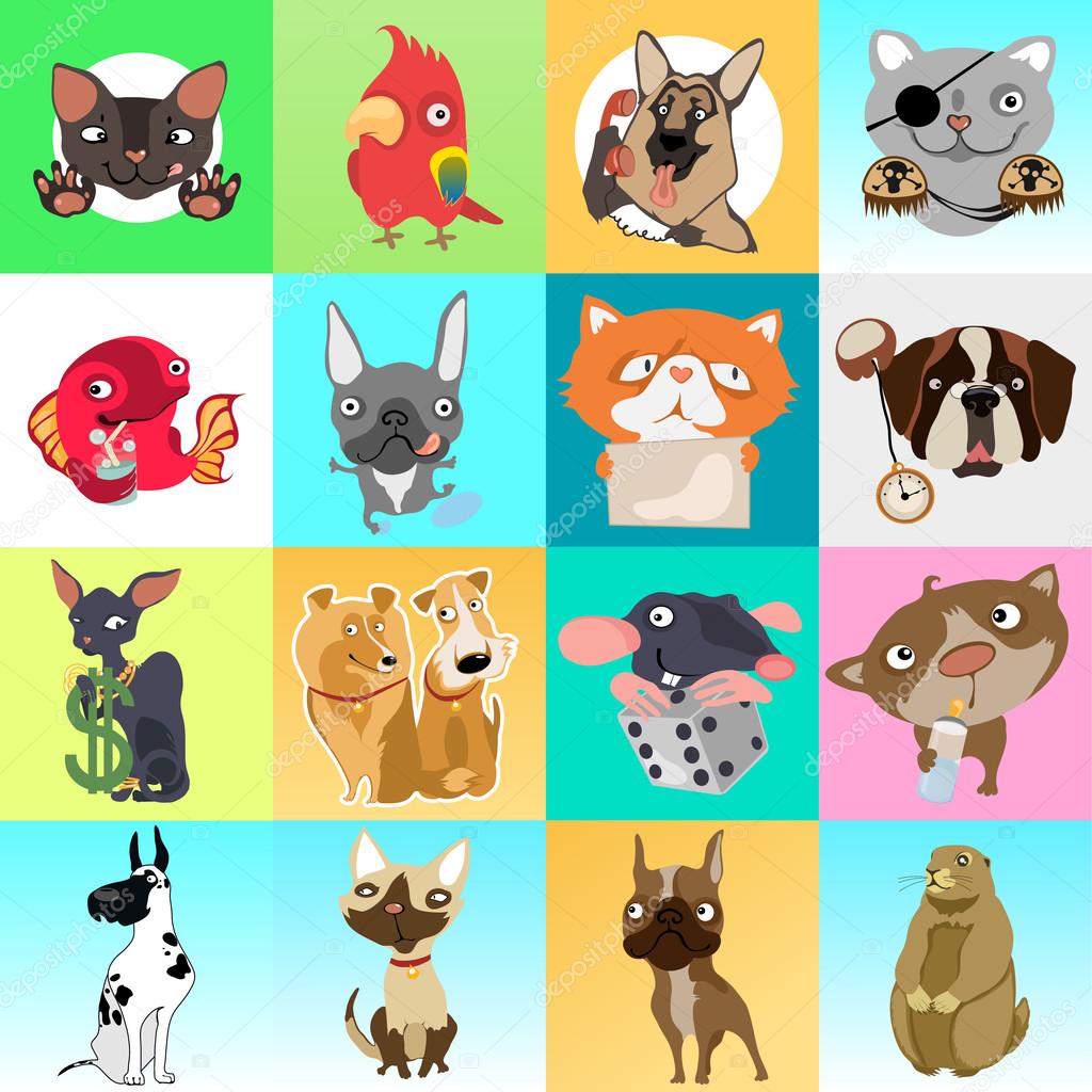 Great set of icons with different animals, 16 cartoon images