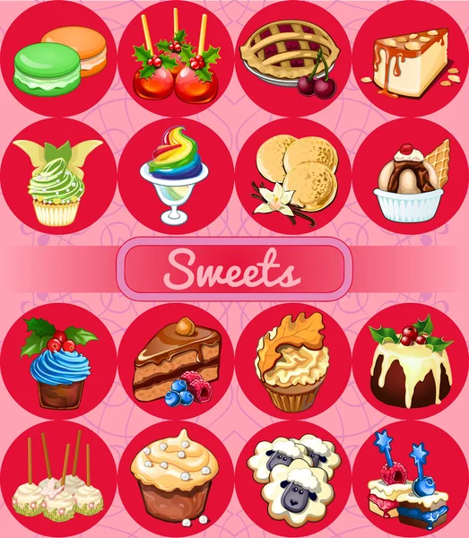 Grande conjunto de sobremesas, 16 ícones deliciosos —  Vetores de Stock