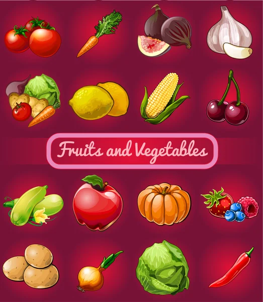 Big set of fruits and vegetables, 16 icons on a dark red background — Stock Vector