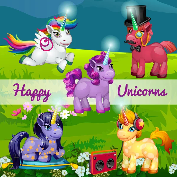 Unicornios de dibujos animados inusuales en un prado, conjunto de cinco personajes — Vector de stock