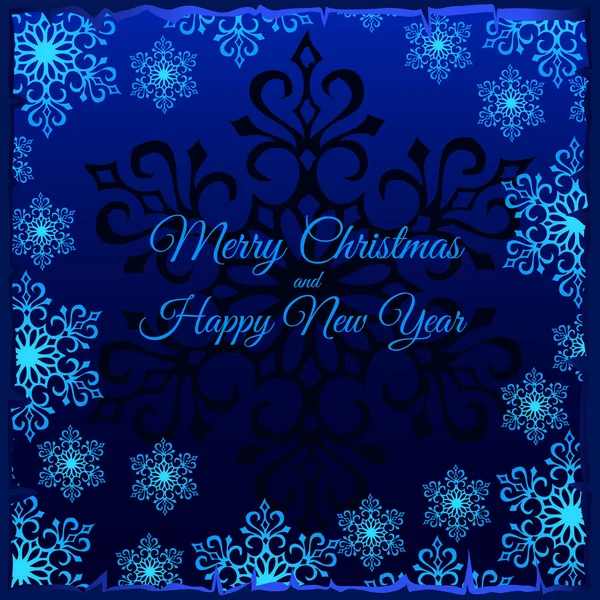 Blaue Weihnachtskarte mit schwarzer Nahaufnahme Silhouette von Schneeflocke in der Mitte und weißen Schneeflocken ringsum — Stockvektor