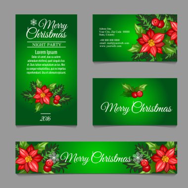 Holly berry ile dört yeşil posta kartı