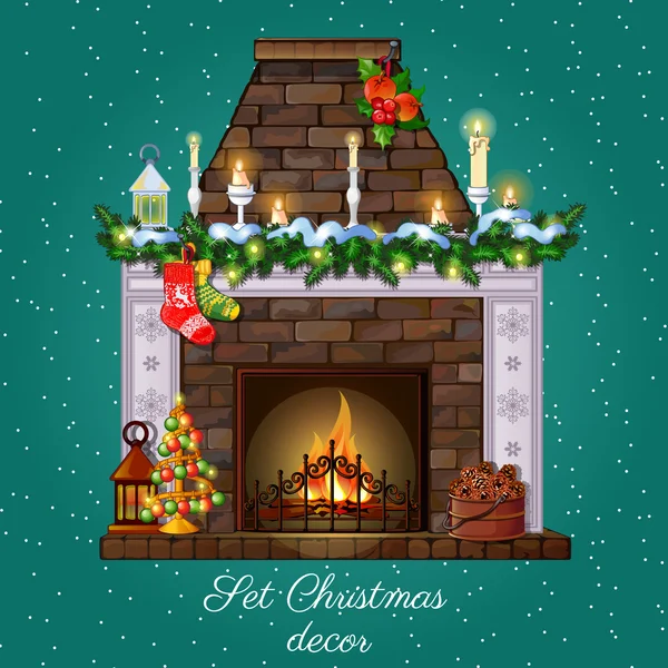 Postcard with Christmas fireplace burning — Stock Vector