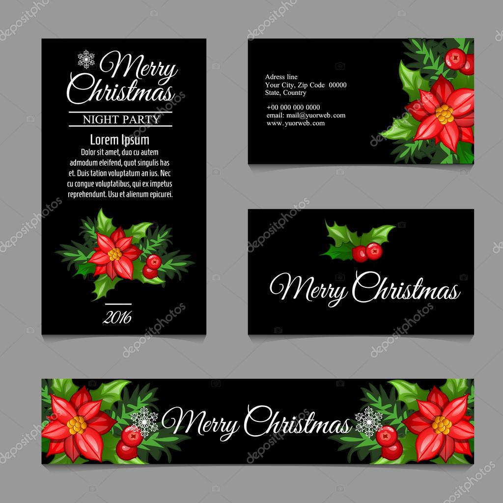 Four business card with red flowers on a black background