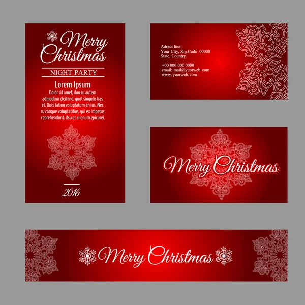Four cards with white snowflakes on red background — Stock Vector