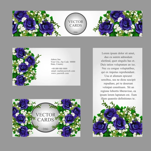 Cztery karty z biały i niebieski kwiaty dla potrzeb projektowania — Wektor stockowy