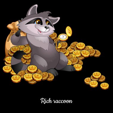 Rich Raccoon awash in money, black background clipart